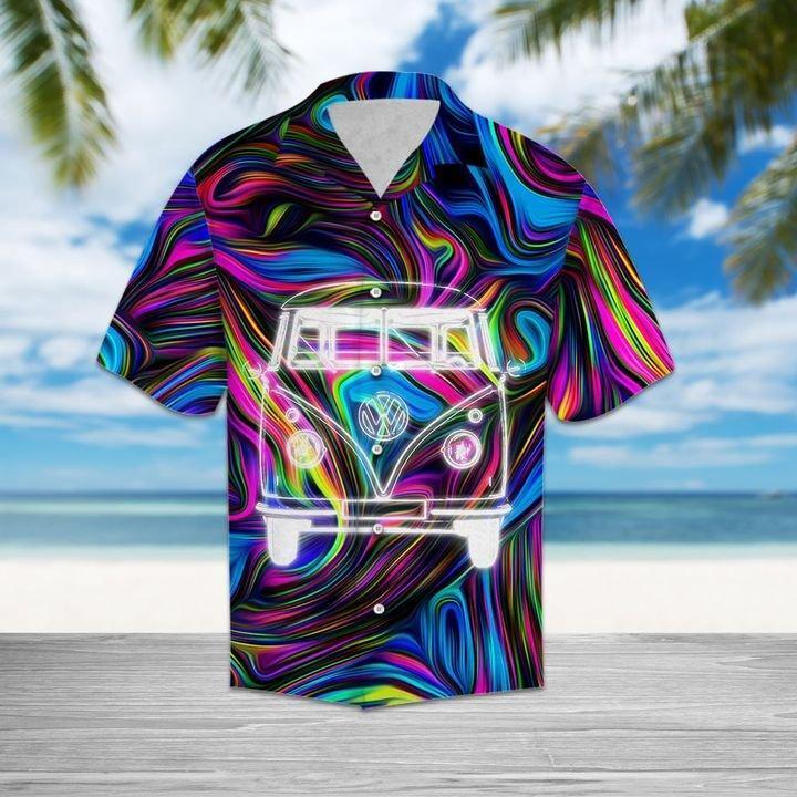 Hippie Hawaiian Shirt Hippie Van Watercolor Blue Purple Hawaii Aloha Shirt