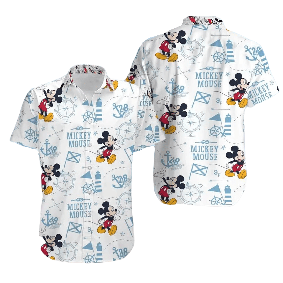 NoClaws MM Hawaii Shirt Disney MM Cruise Ship Anchor Lighthouse Pattern Hawaiian Shirt White Blue Unisex