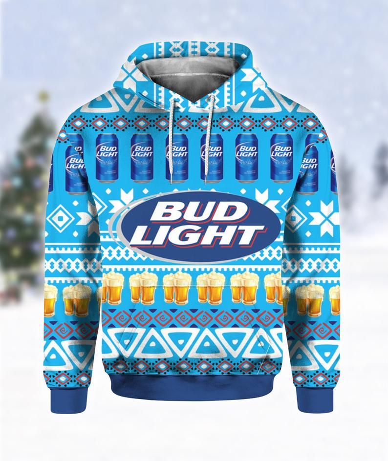 Beer Hoodie Bud Light Beer Cups And Cans Pattern Blue Hoodie Apparel For Fan Women Men