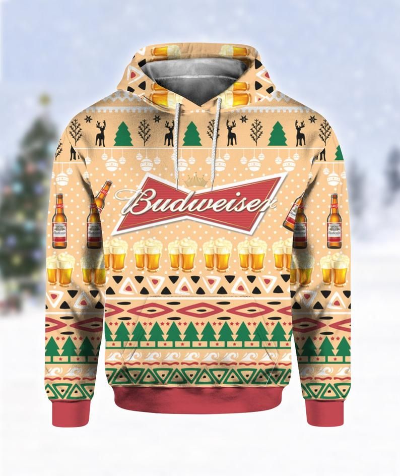 Beer Hoodie Budweiser Beer Bottle Christmas Pattern Muticolor Hoodie Apparel For Beer Lover Colorful