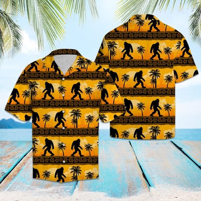 Bigfoot Hawaii Shirt Yellow Sunset Bigfoot Palm Tree Pattern Hawaiian Shirt