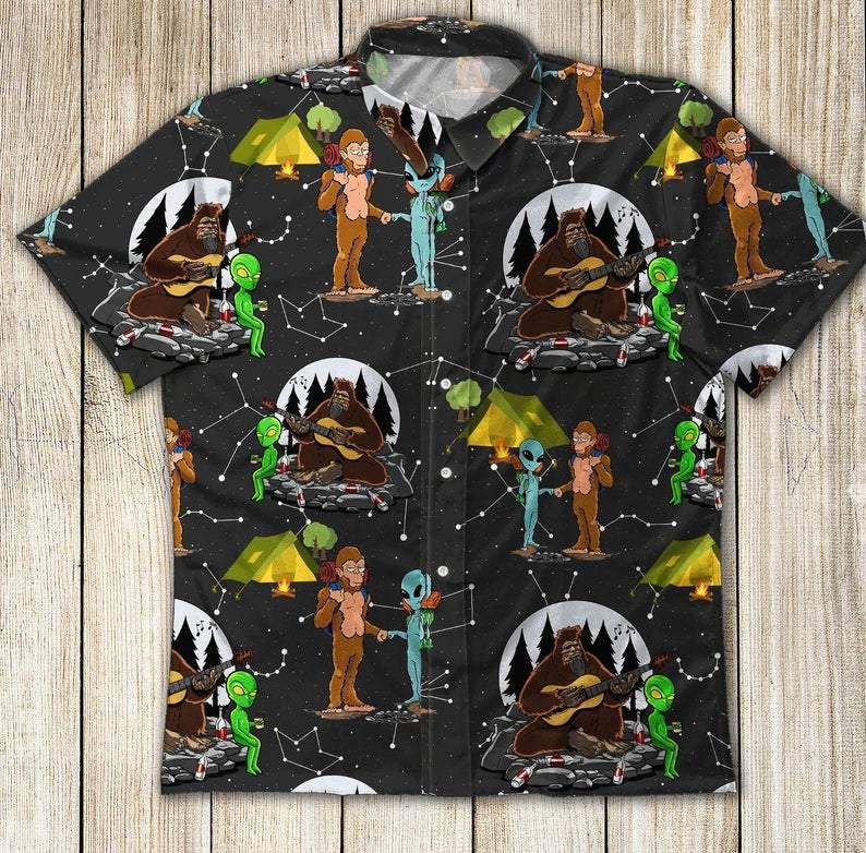 Alien Camping Hawaiian Shirt Alien Camping With Bigfoot Pattern Black Hawaii Aloha Shirt