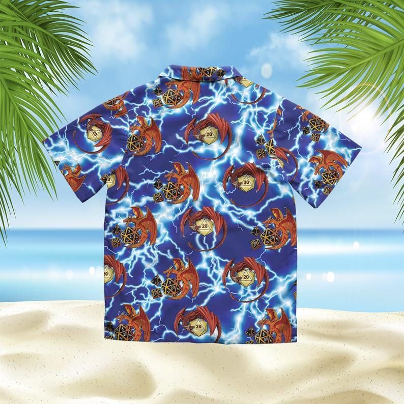 DnD Hawaiian Shirt Red Dragon With Dice Thunder Blue Hawaii Aloha Shirt