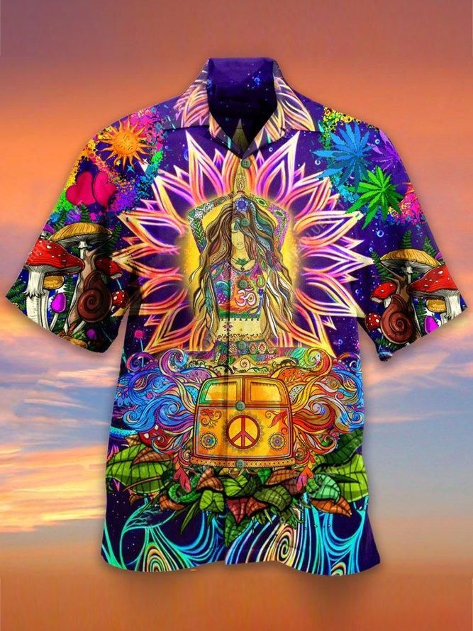 Hippie Hawaiian Shirt Girl Mediating Hippie Van Mushroom Blue Hawaii Aloha Shirt
