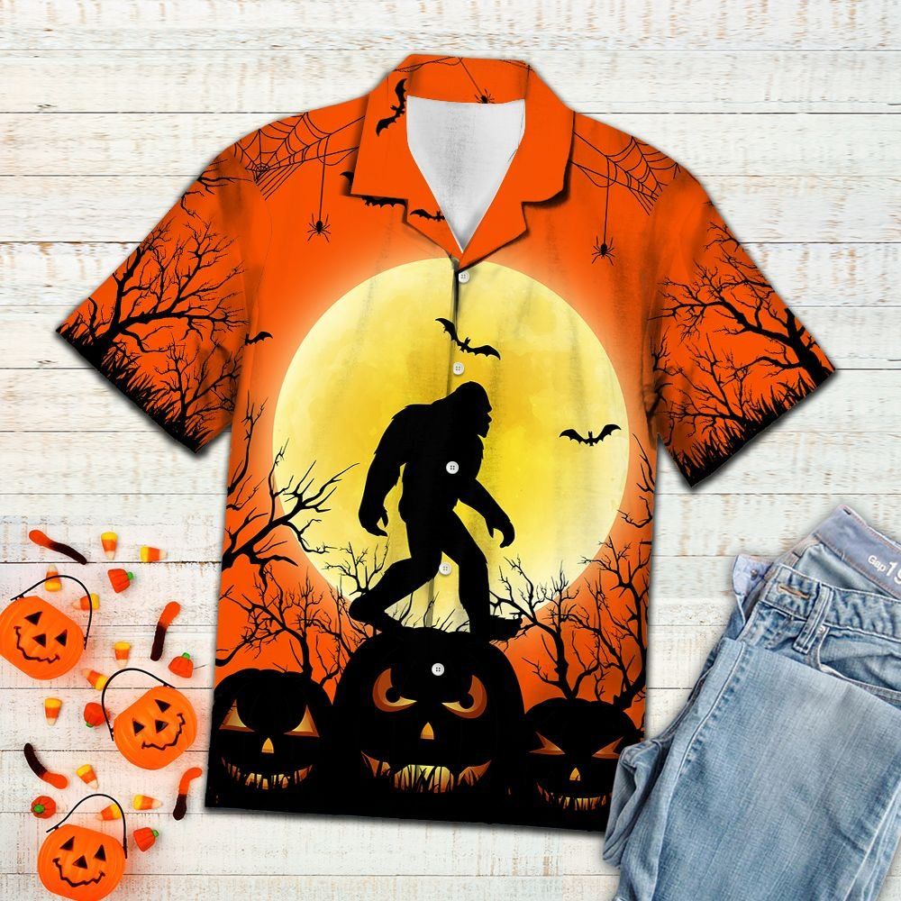 Friday89 Bigfoot Halloween Hawaii Shirt Bigfoot Halloween Moon Pumpkin Orange Hawaii Aloha Shirt