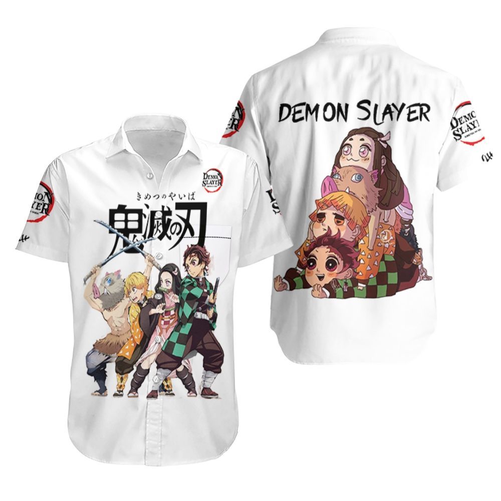 Demon Slayer Hawaiian Shirt Chibi Tanjiro Nezuko Zenitsu Inosuke Kimetsu No Yaiba Logo Hawaii Shirt Demon Slayer Aloha Shirt