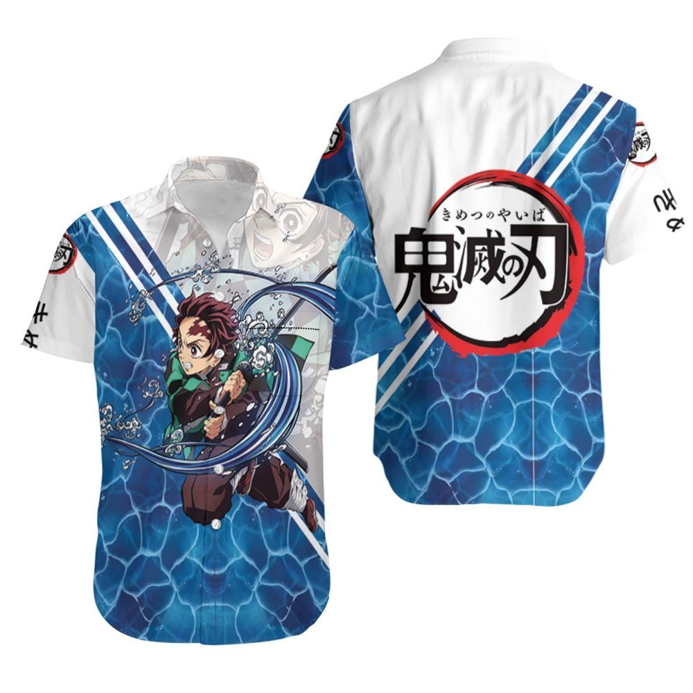 Demon Slayer Hawaiian Shirt Tanjiro Kamado Water Breathing Ocean Blue Kimetsu No Yaiba Logo Hawaii Shirt Demon Slayer Aloha Shirt
