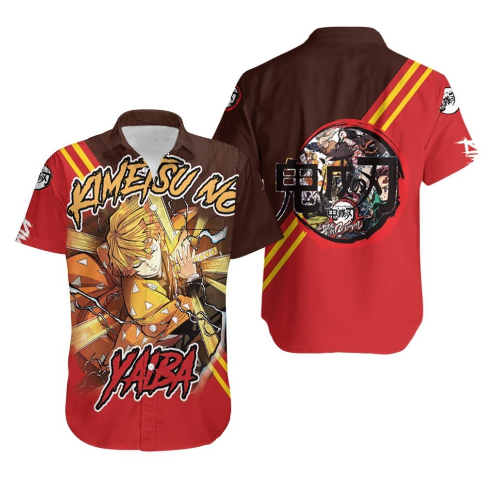 Demon Slayer Hawaiian Shirt Zenitsu Agatsuma Thunder Breathing Red Kimetsu No Yaiba Logo Hawaii Shirt Demon Slayer Aloha Shirt
