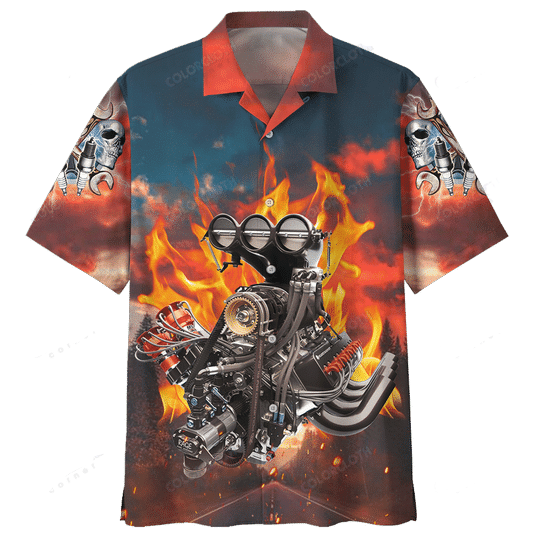 Hot Rod Hawaiian Shirt Hot Rod Engine Fire Red Blue Brown Hawaii Aloha Shirt
