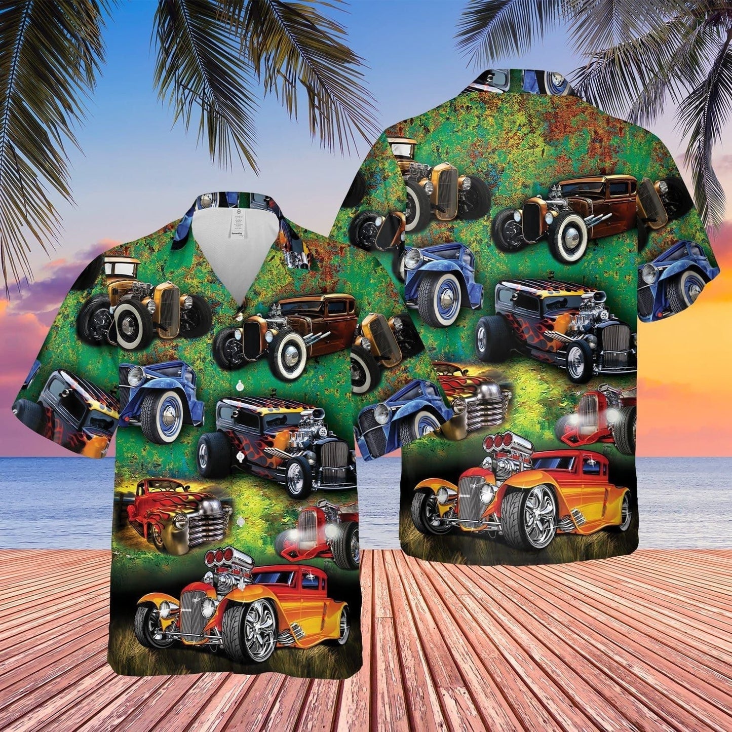 Hot Rod Hawaiian Shirt Painting Color Hot Rod Green Hawaii Aloha Shirt