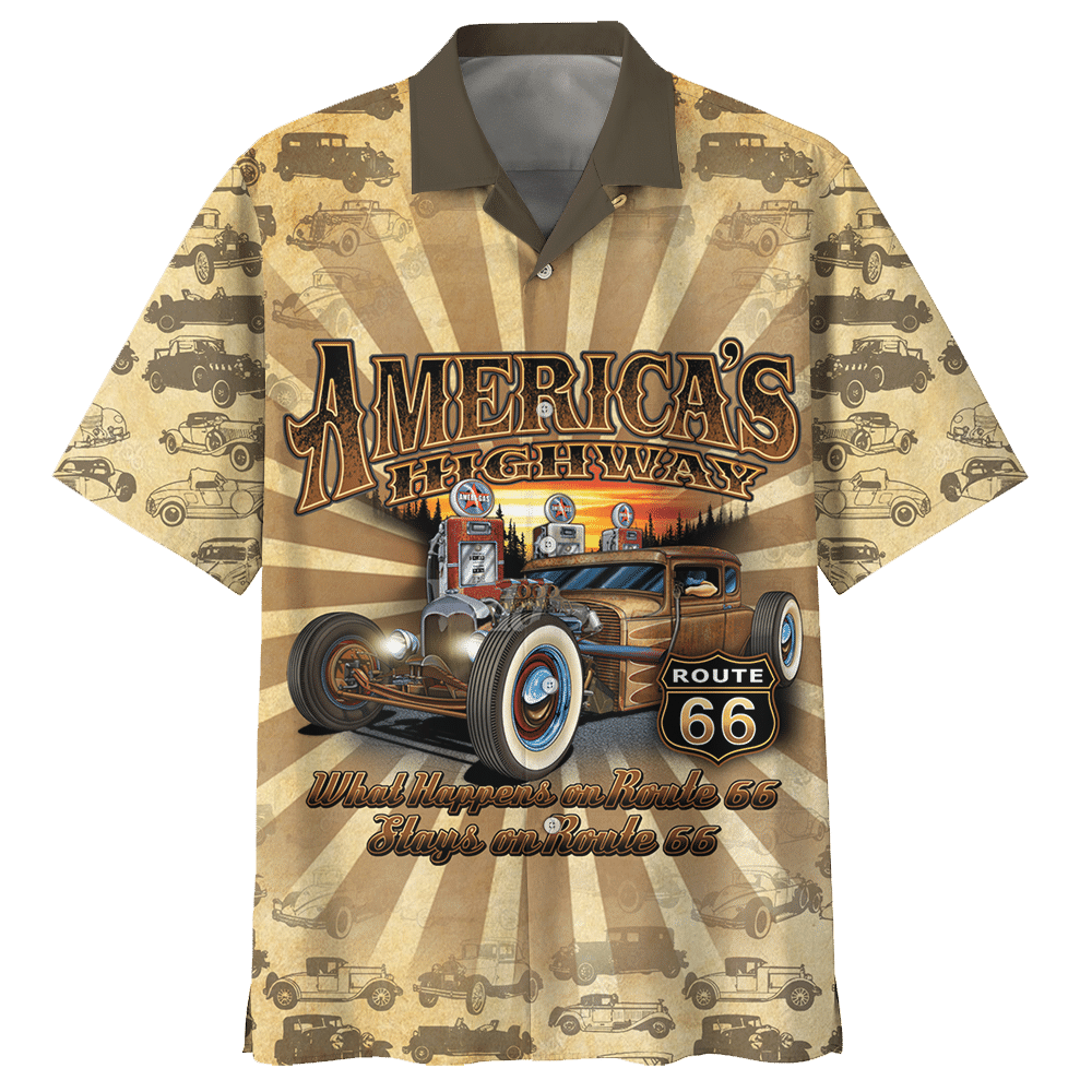 Hot Rod Hawaiian Shirt American's Highway What Happen On Route 66 Stay On Route 66 Hawaii Aloha Shirt