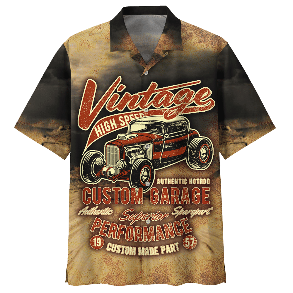 Hot Rod Hawaiian Shirt Vintage High Speed Custom Garage Brown Hawaii Aloha Shirt