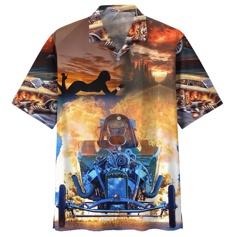 Hot Rod Hawaiian Shirt Hot Rod Girl Silhouette Fire Hawaii Aloha Shirt