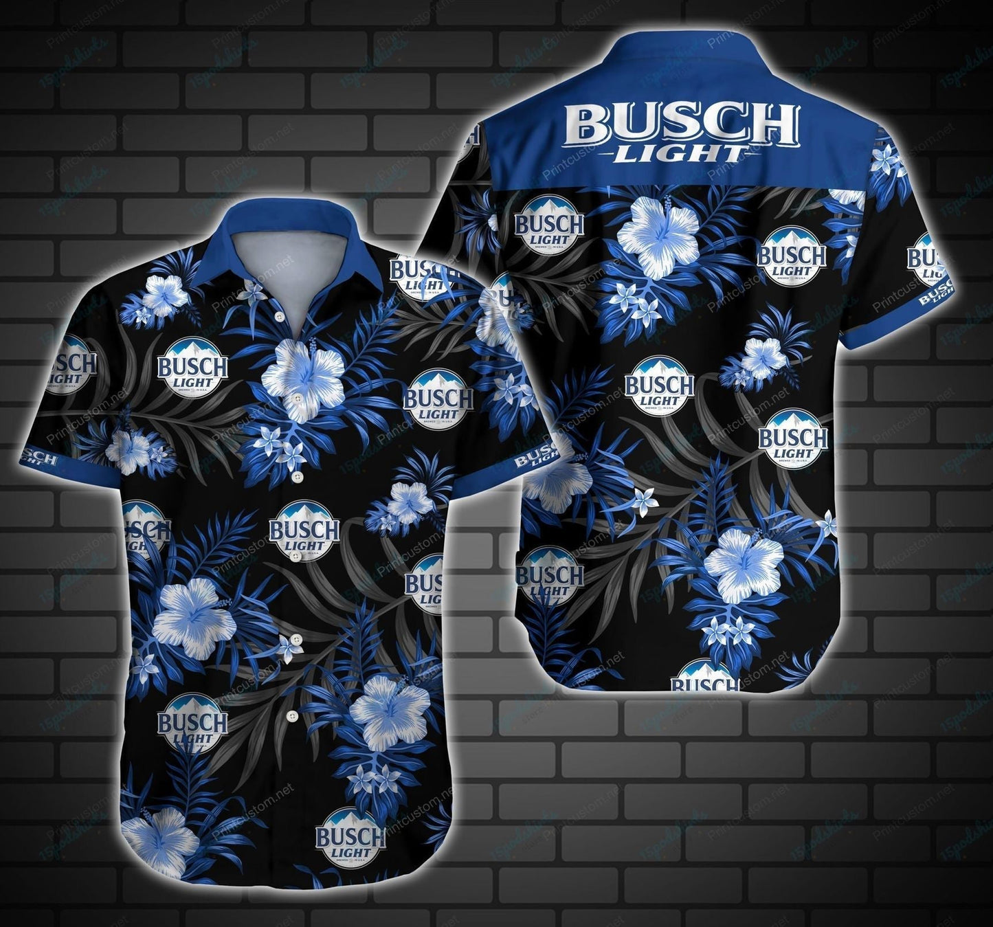 Beer Hawaiian Shirt Busch Light Logo Hibiscus Flower Pattern Blue Black