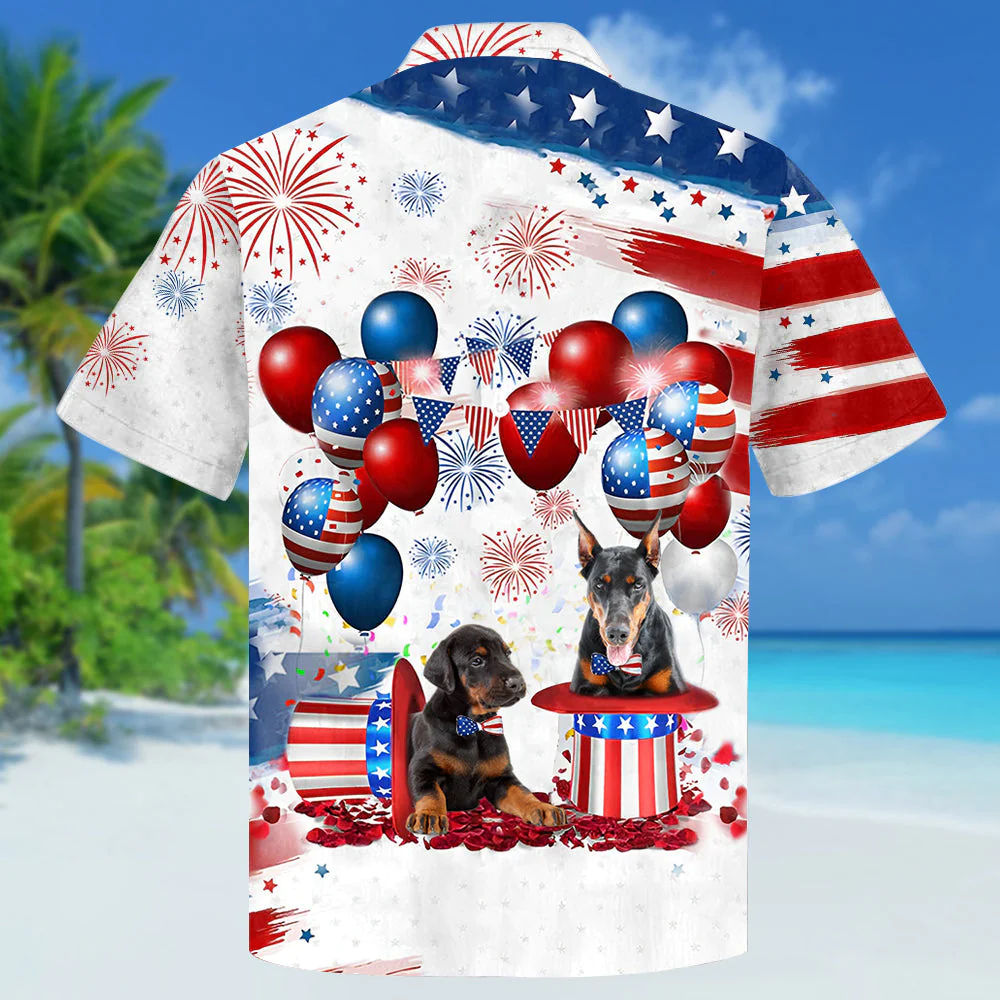 Doberman Independence Day Hawaiian Shirt, Dog Hawaii Beach Shirt Short Sleeve For 4Th Of July