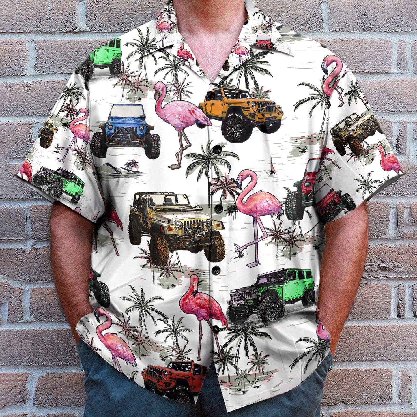 Colorful Jeep Cars And Flamingo - Hawaiian Shirt