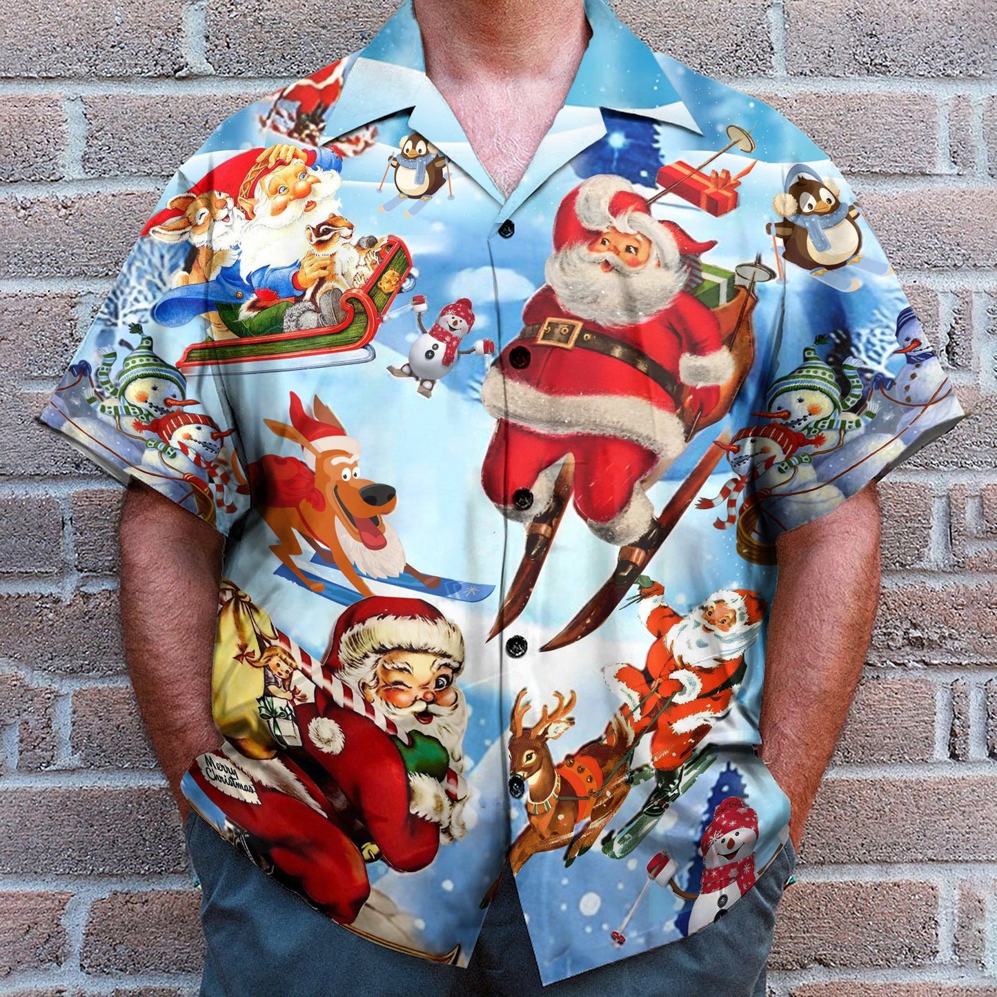 Skiing Santa Claus Funny Button's Up Shirts - Hawaiian Shirt
