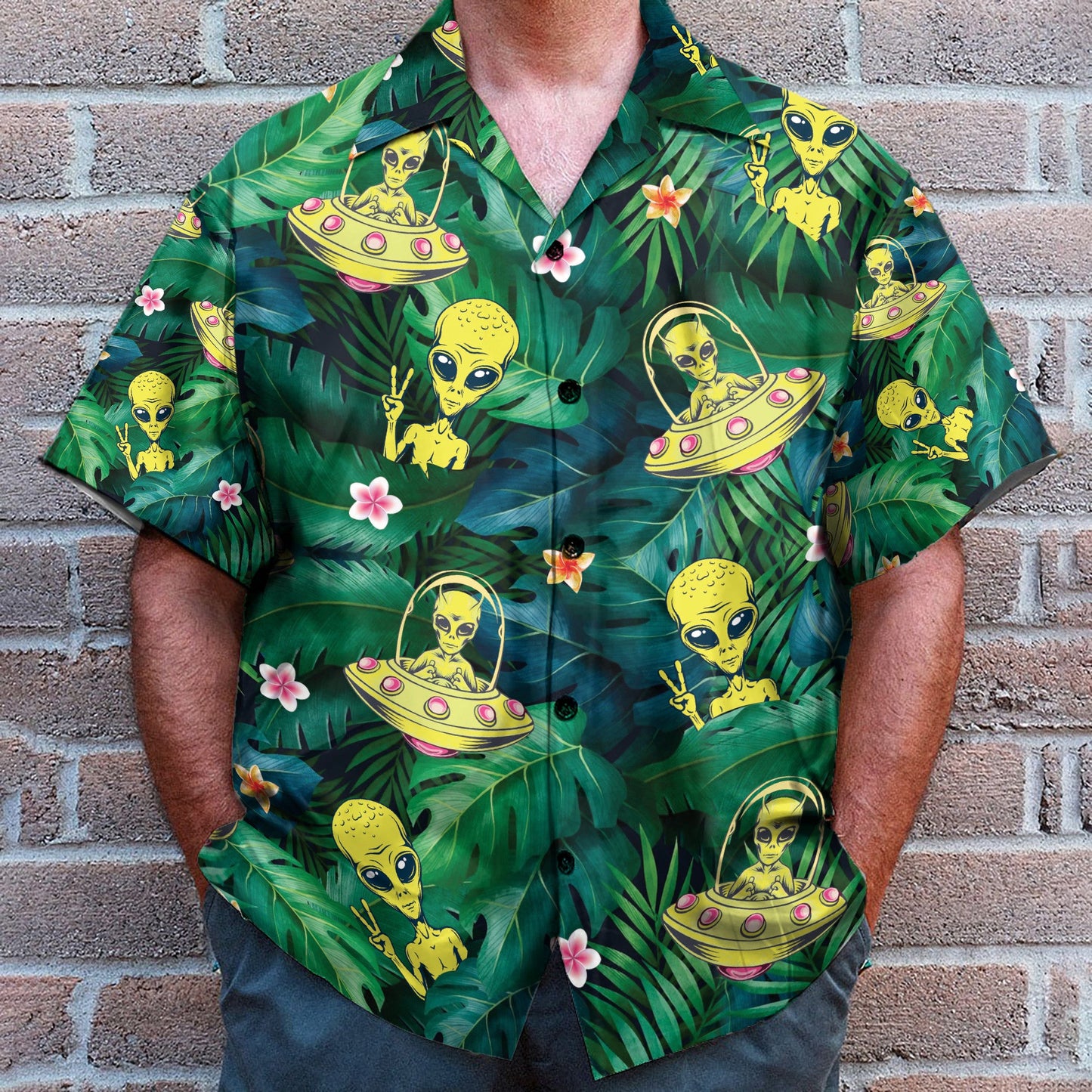 Hippie Alien UFO In Tropical Green Leaves - Hawaiian Shirt