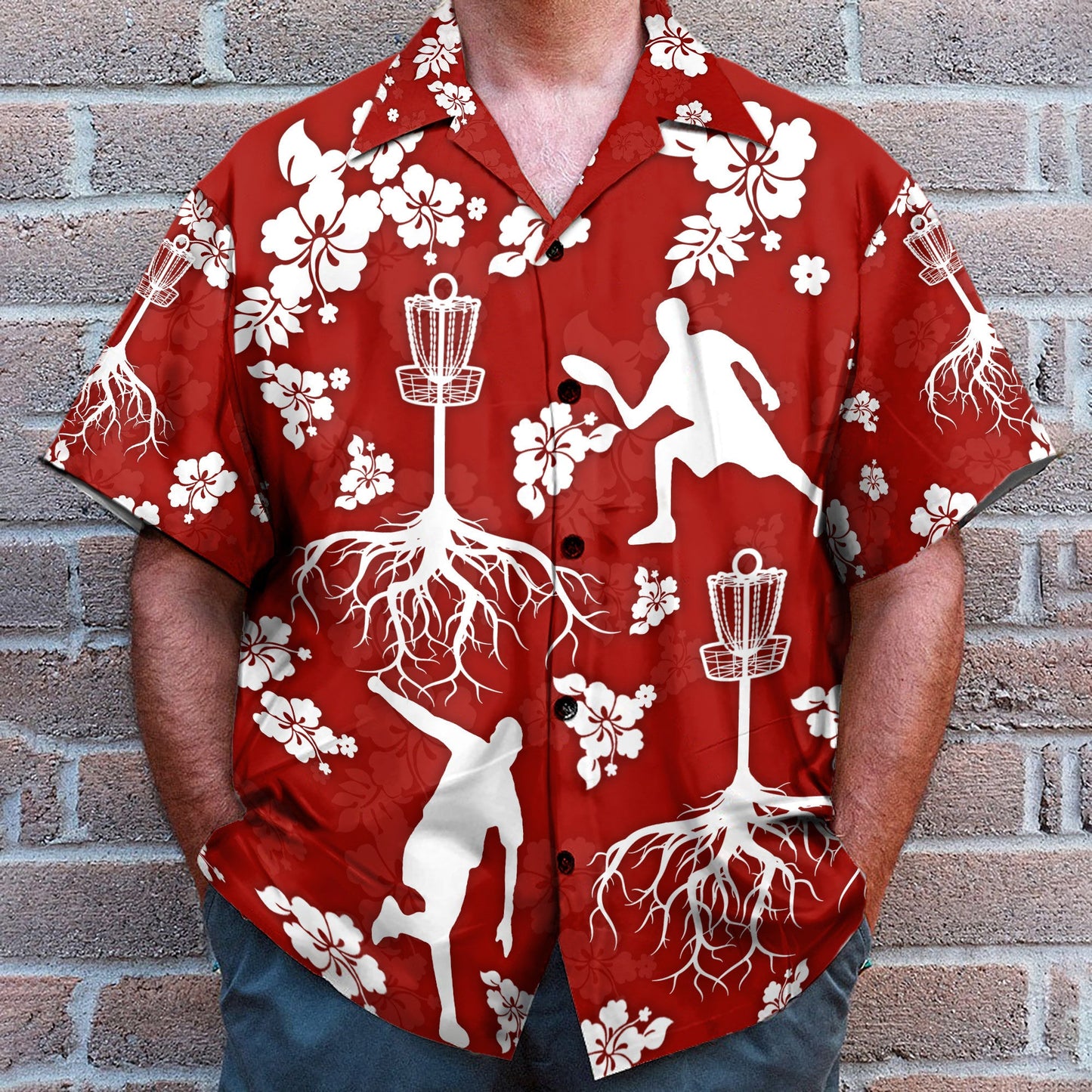 Disc Golf Tree Hibiscus Red Pattern - Hawaiian Shirt