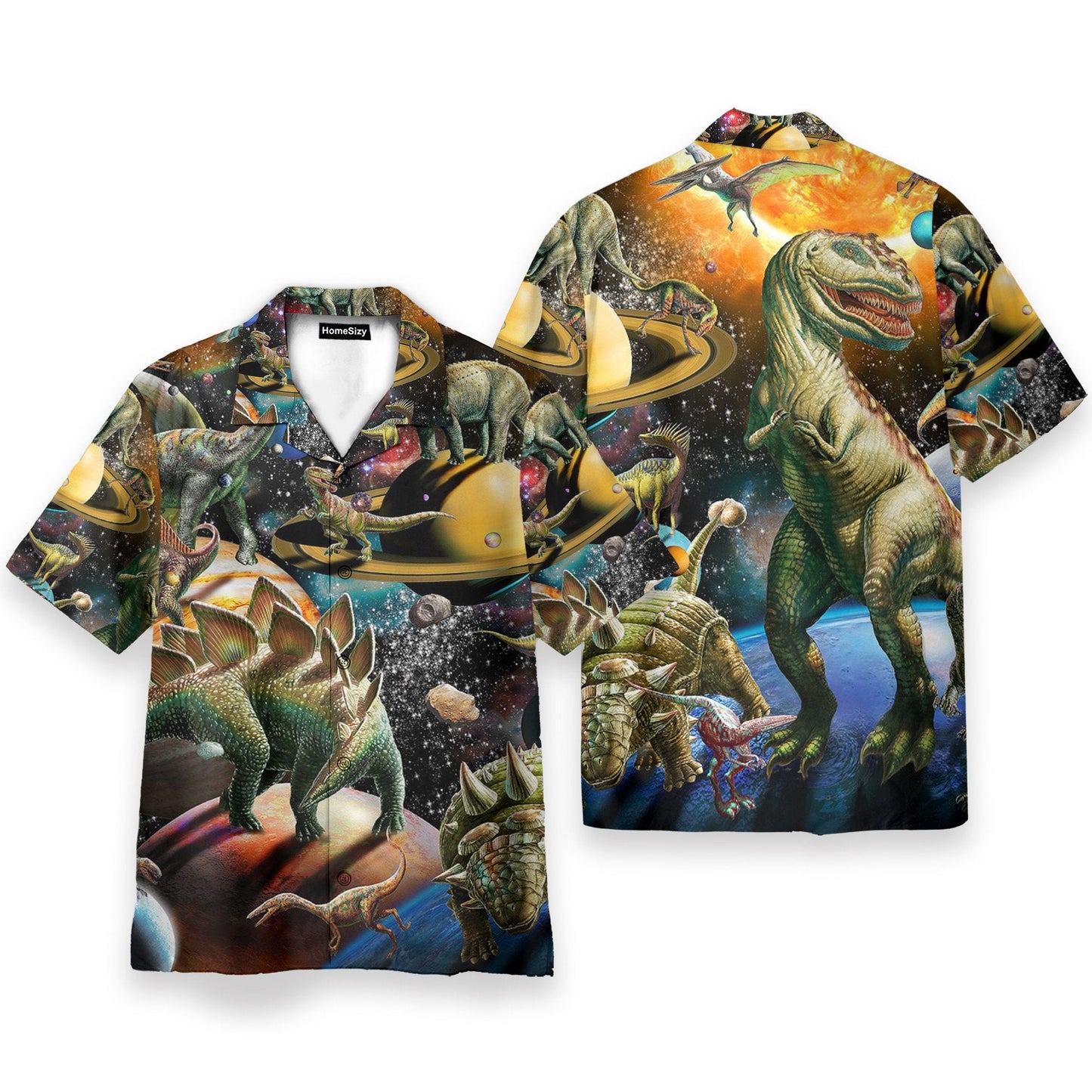 Dinosaur In The Space Men's Button's Up Shirts - Hawaiian Shirt
