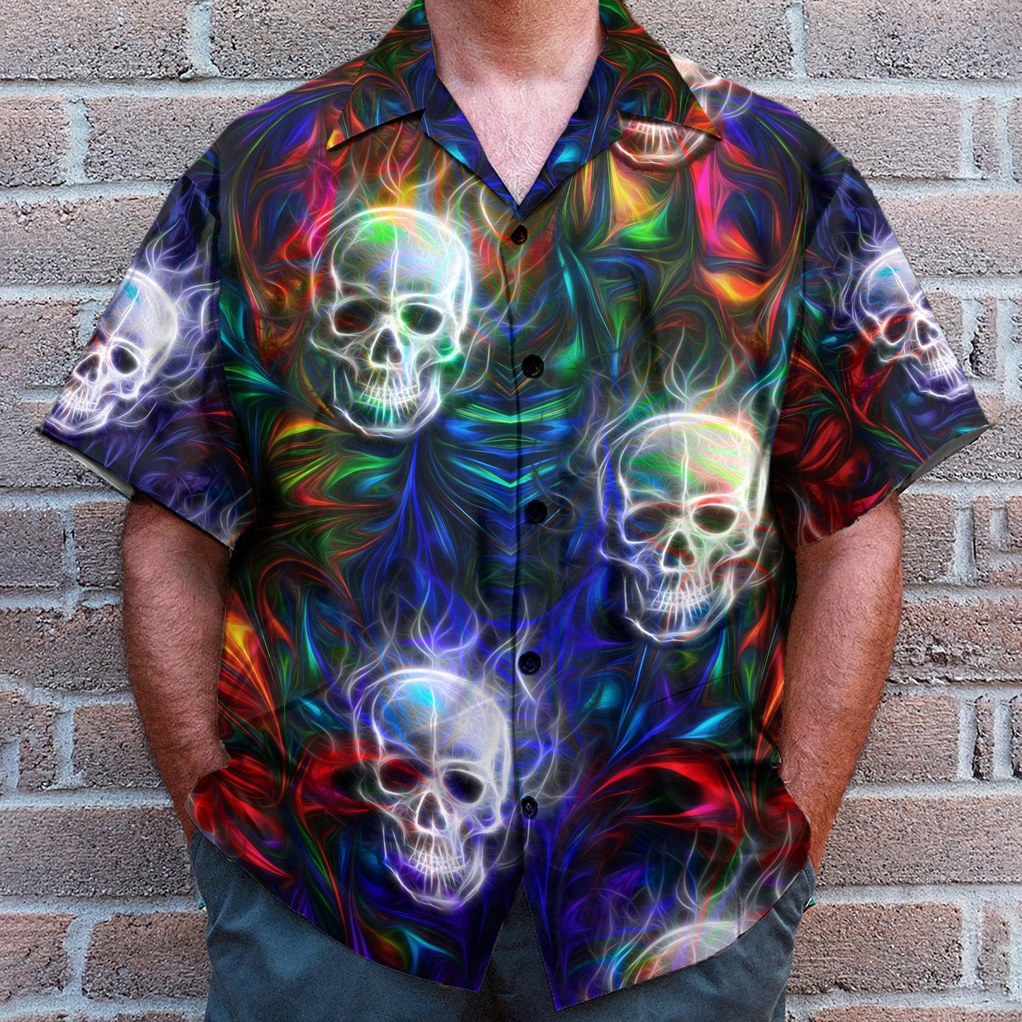 Colorful Fractal Skull Neon Strip Pattern - Hawaiian Shirt