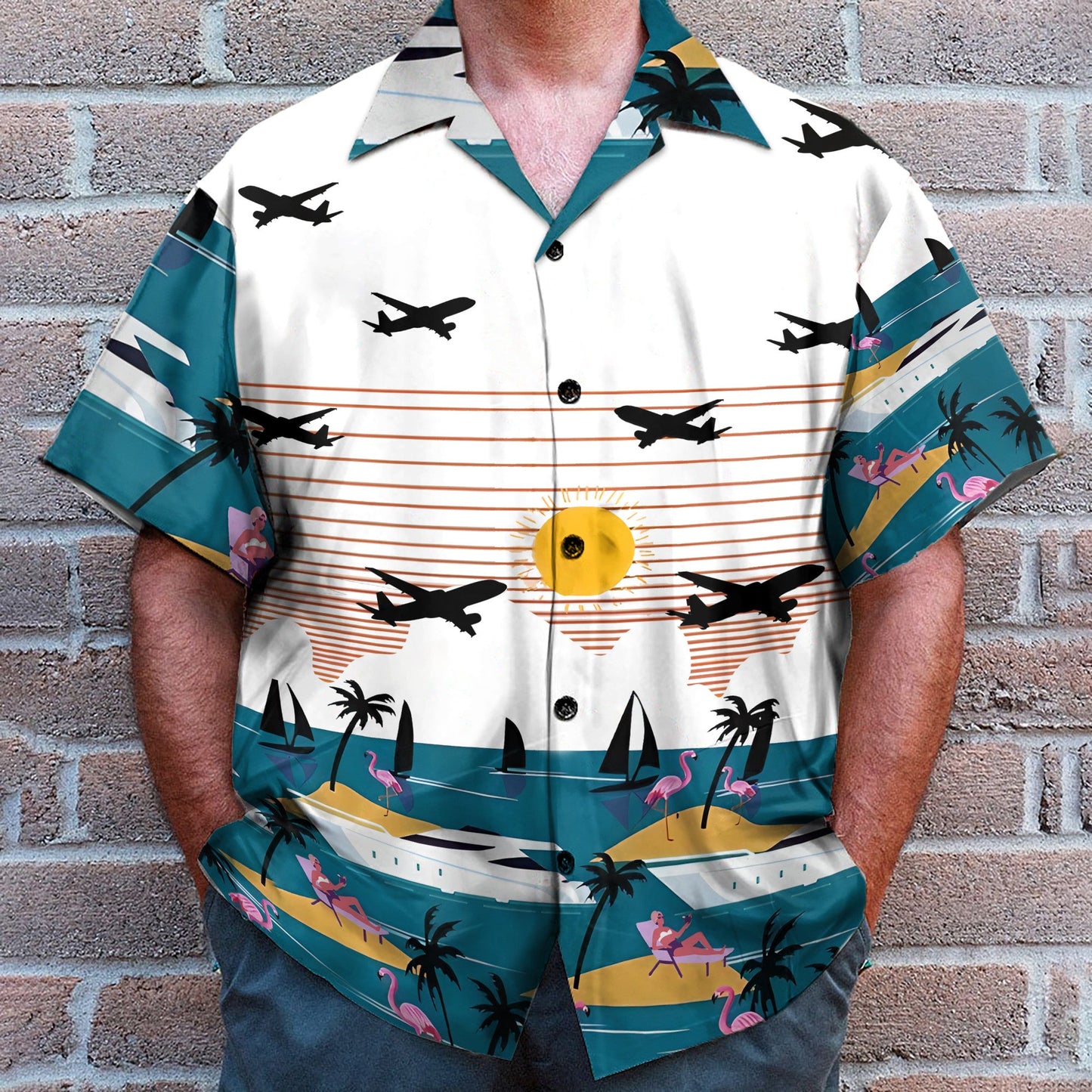 Summer Beach Flamingo And Planes - Hawaiian Shirt