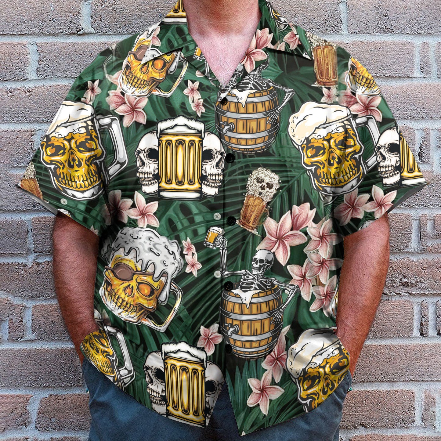 Skull Beer Summer Tropical Flowers Pattern - Hawaiian Shirt