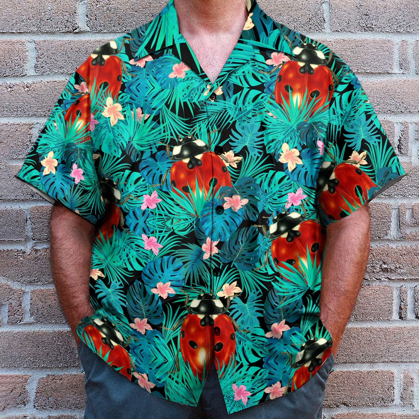 Ladybug In Tropical Green Leaves - Hawaiian Shirt