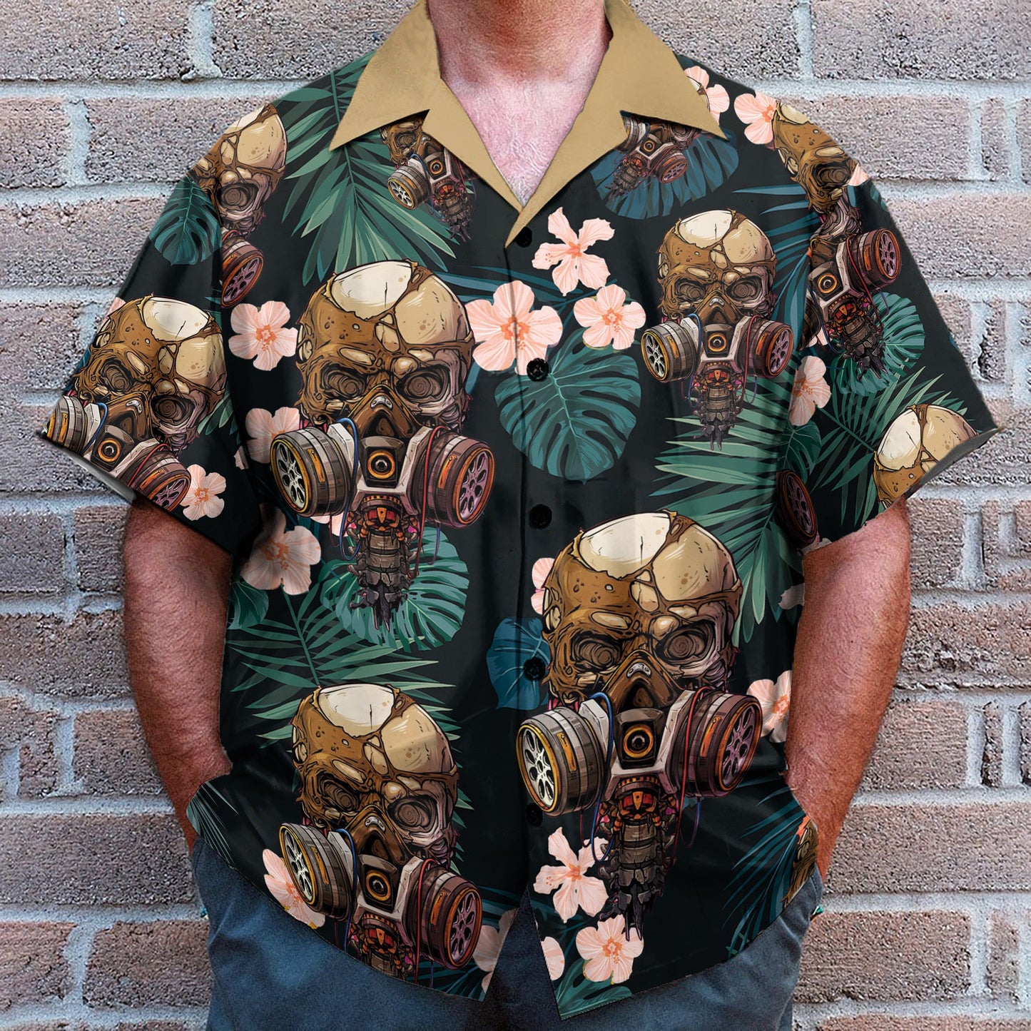 Skull Wearing Gas Mask Tropical Leaves Pattern - Hawaiian Shirt