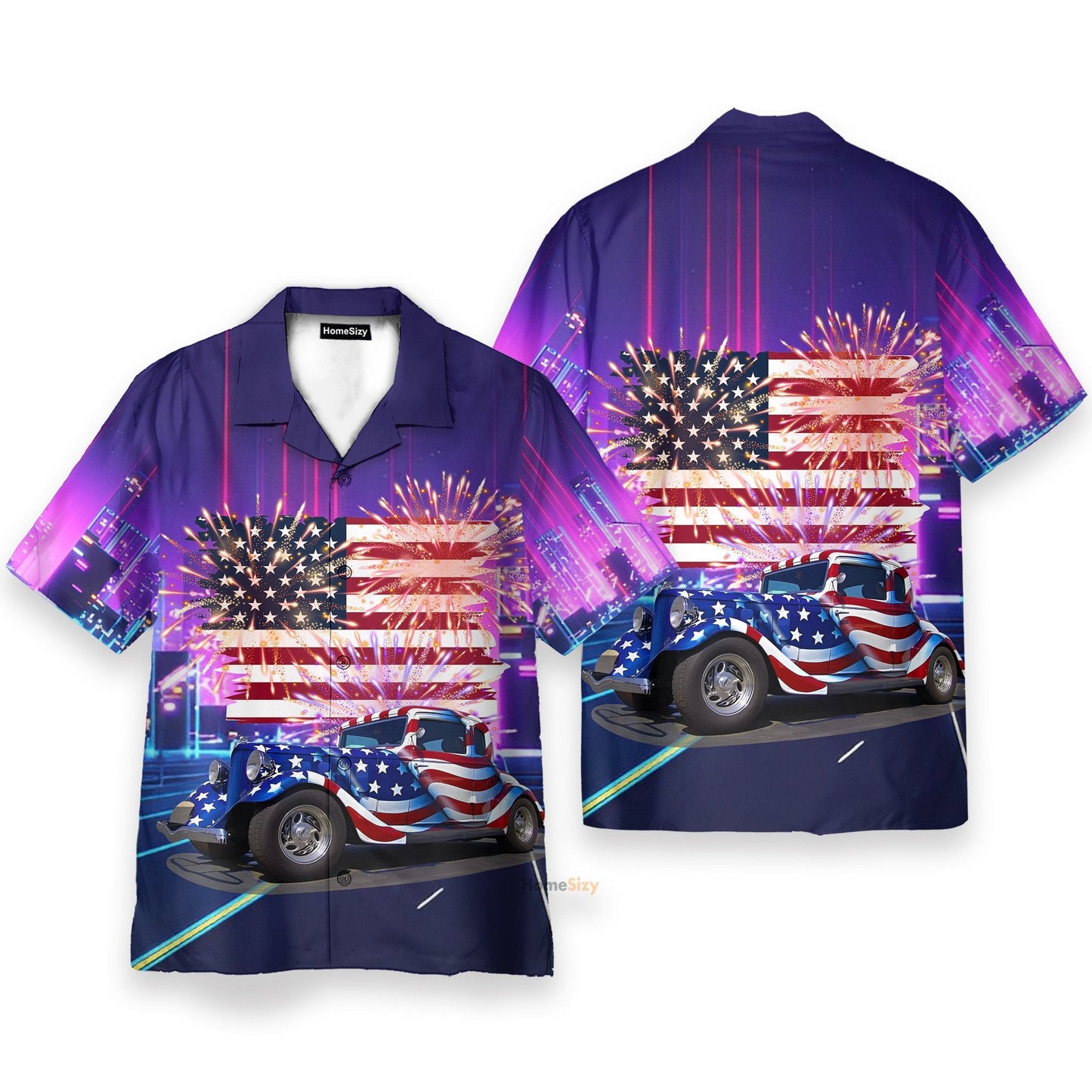 American Flag Hot Rod Car - Hawaiian Shirt