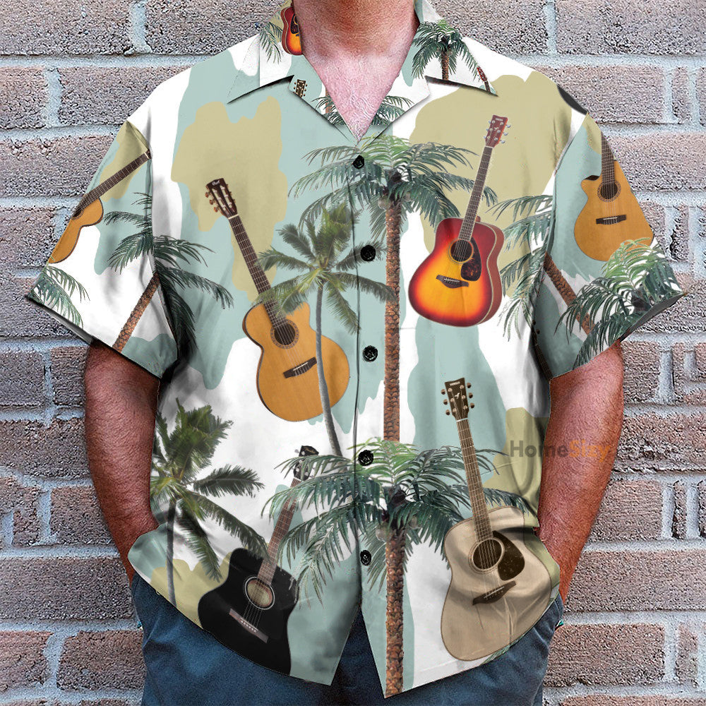 Guitars And Coconut Tree Tropical Pattern - Hawaiian Shirt
