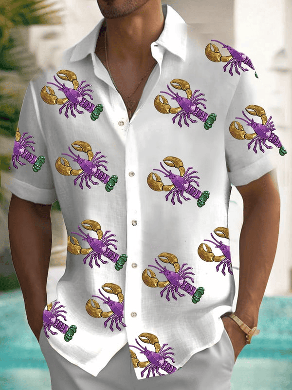 Crawfish Mardi Gras Button Down New Orleans Holiday Clothing Hawaiian Mardi Gras Shirt - Tazila