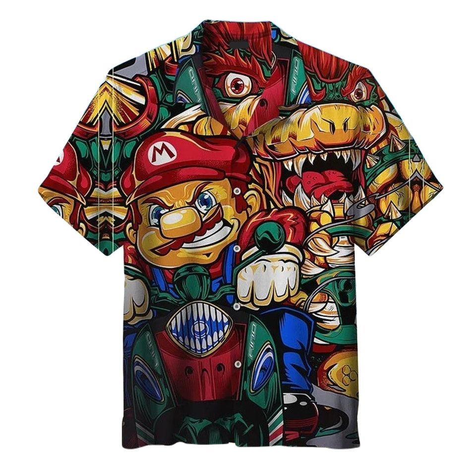 NoClaws Mario Hawaii Shirt Mario Bros With Bowser Graphic Aloha Shirt Colorful Unisex