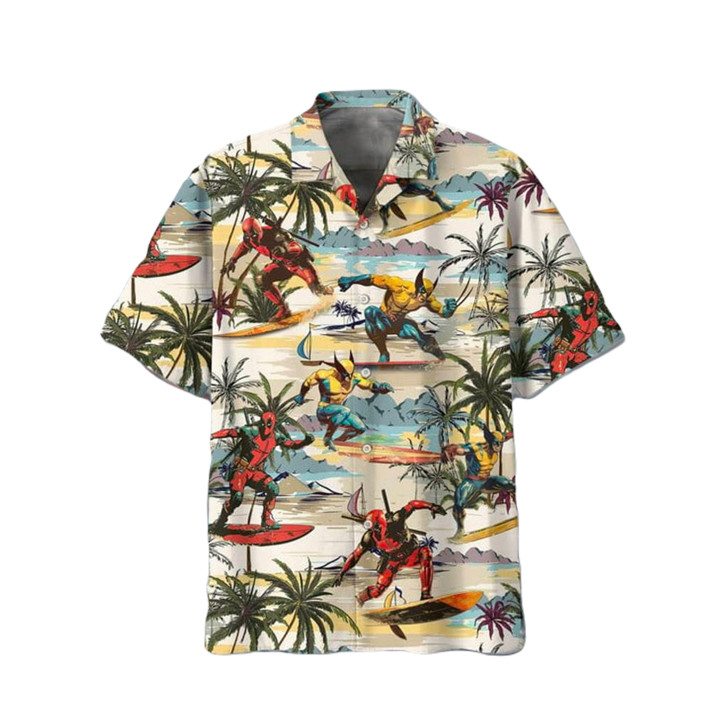 NoClaws Deadpool Hawaii Shirt Marvel Deadpool And Wolverine On Surfboard Pattern Hawaiian Shirt Colorful Unisex