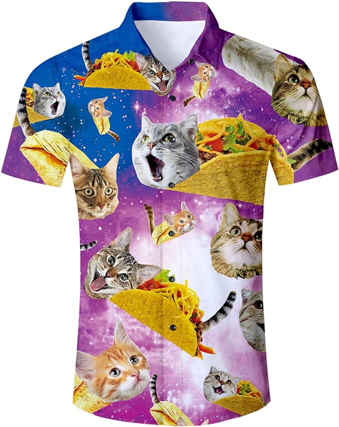 NoClaws Funny Hawaii Shirt Cat With Tacos In Galaxy Pattern Hawaiian Shirt Colorful Unisex
