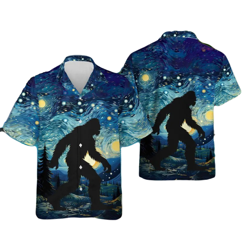 NoClaws Bigfoot Hawaii Shirt Bigfoot Silhouette Starry Night In Forest Hawaiian Shirt Black Blue Unisex