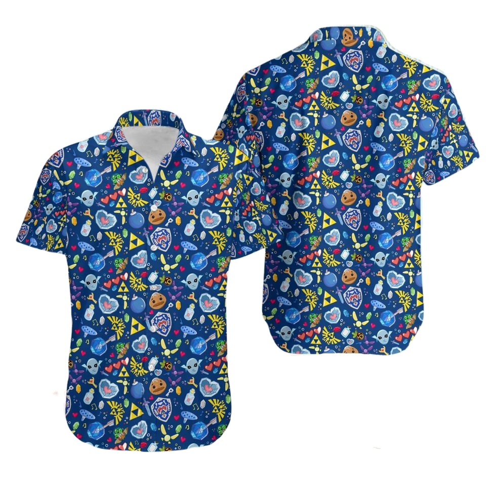 NoClaws Legend Of Zelda Hawaii Shirt Legend Of Zelda Heart Shield Items Pattern Hawaiian Shirt Blue Unisex