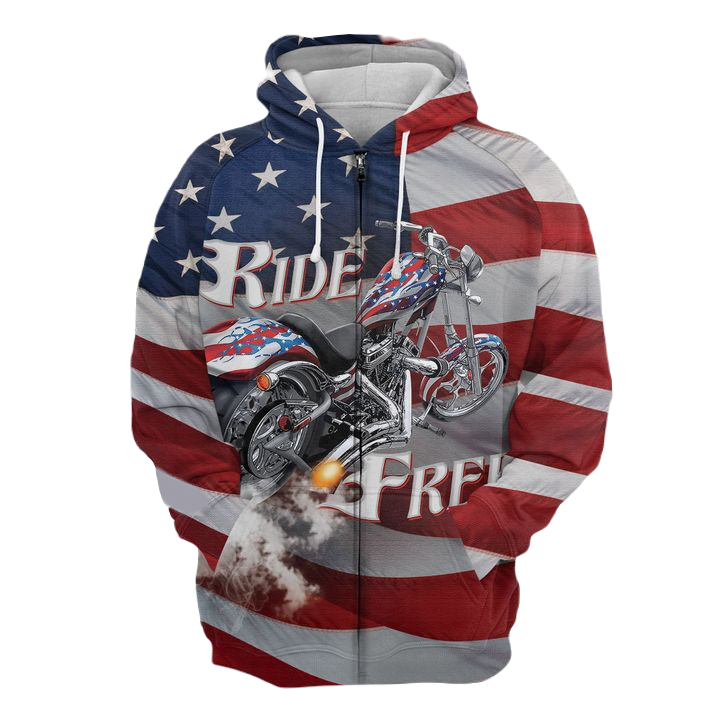 Motorcycle Zip Hoodie Motorbike Free Ride American Flag Zip Hoodie Colorful Unisex