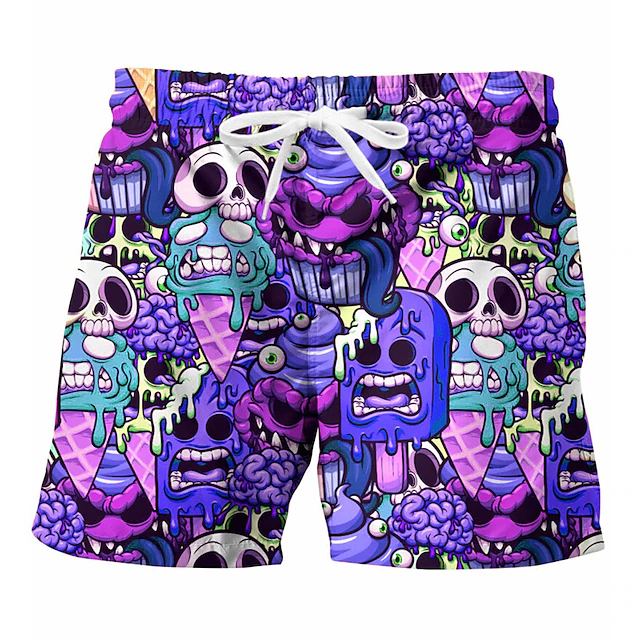 Skull Shorts Cartoon Skull and Ice Cream Doodle Pattern Beach Shorts Purple