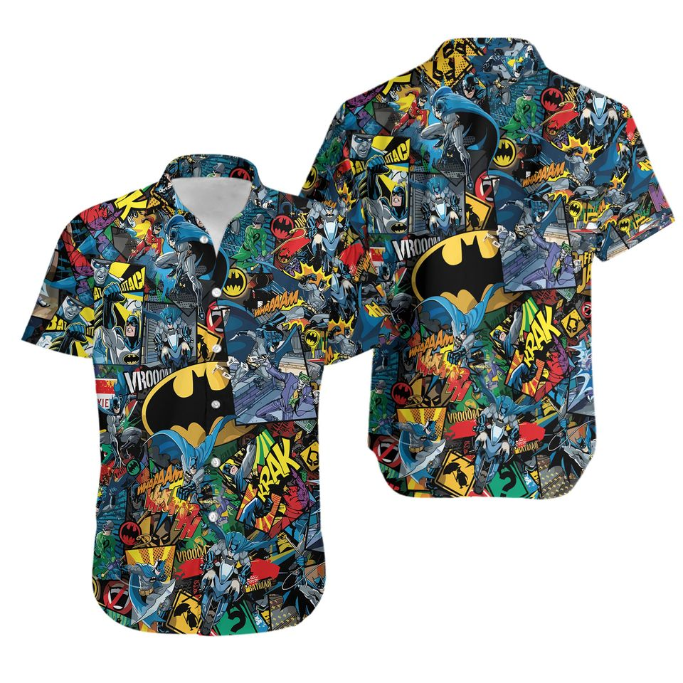 NoClaws Batman Hawaii Shirt DC Batman Comic Cartoon Doodle Pattern Hawaiian Shirt Colorful Unisex