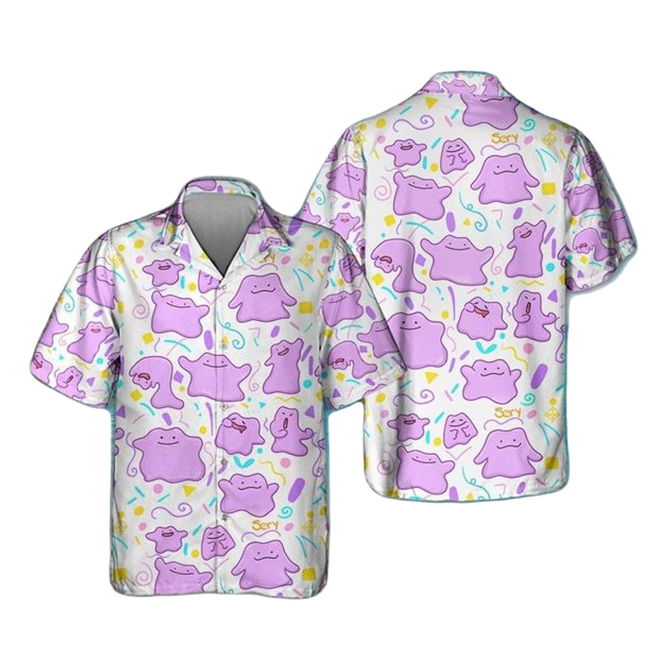 NoClaws Pokemon Hawaii Shirt Pokemon Ditto Graphic Pattern Aloha Shirt Pink White Unisex