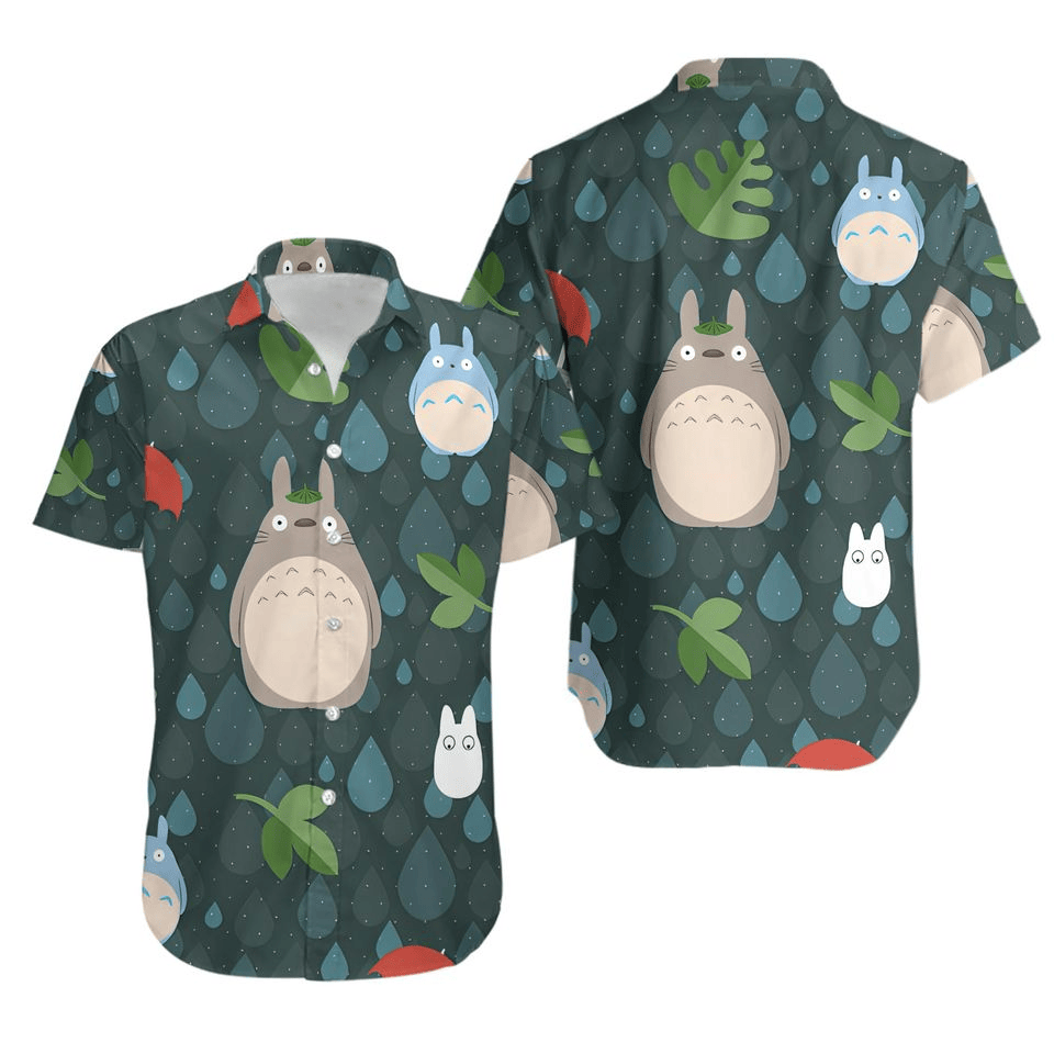 NoClaws Studio Ghibli Hawaii Shirt Totoro Raindrops Leaves Pattern Hawaiian Shirt Green Unisex