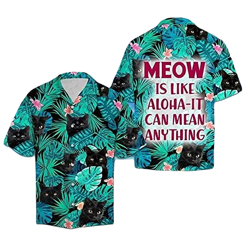 NoClaws Cat Hawaii Shirt Black Cat Tropical Leaves Pattern Hawaiian Shirt Black Green Unisex