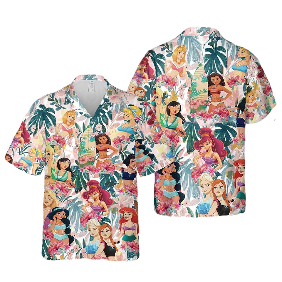NoClaws Disney Hawaii Shirt Disney Princesses Tropical Leaves Pattern Hawaiian Shirt Colorful Unisex