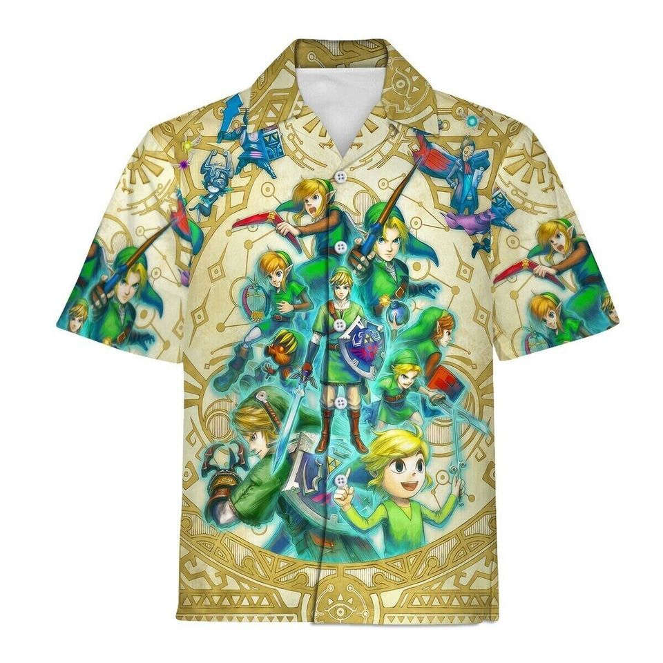 NoClaws Legend Of Zelda Hawaii Shirt All OF Link Versions Graphic Hawaiian Shirt Yellow Green Unisex