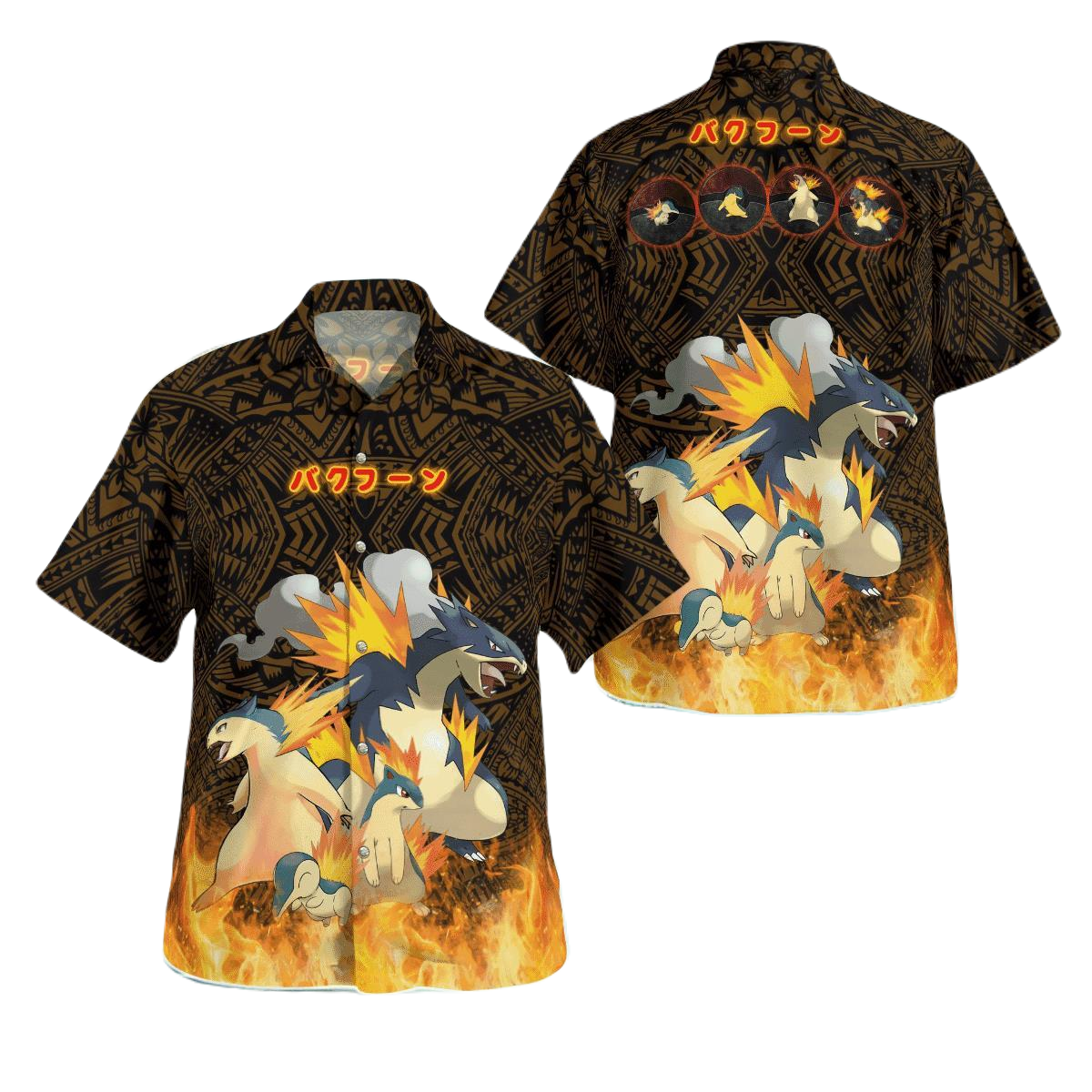 NoClaws Pokemon Hawaii Shirt Pokemon Cyndaquil Evolution Tribal Pattern Aloha Shirt Brown Unisex
