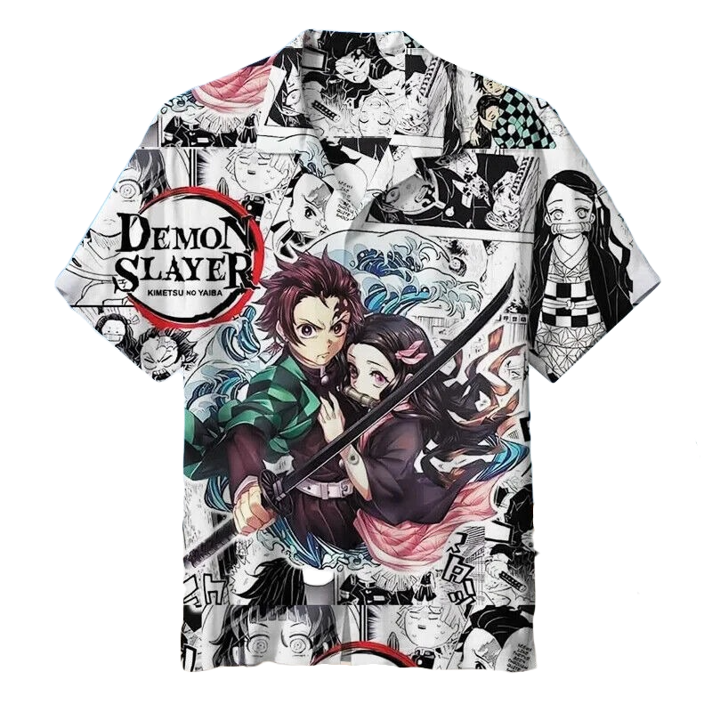 NoClaws NoClaws Demon Slayer Hawaii Shirt Tanjiro And Nezuko Manga Pattern Hawaiian Shirt Black White Unisex