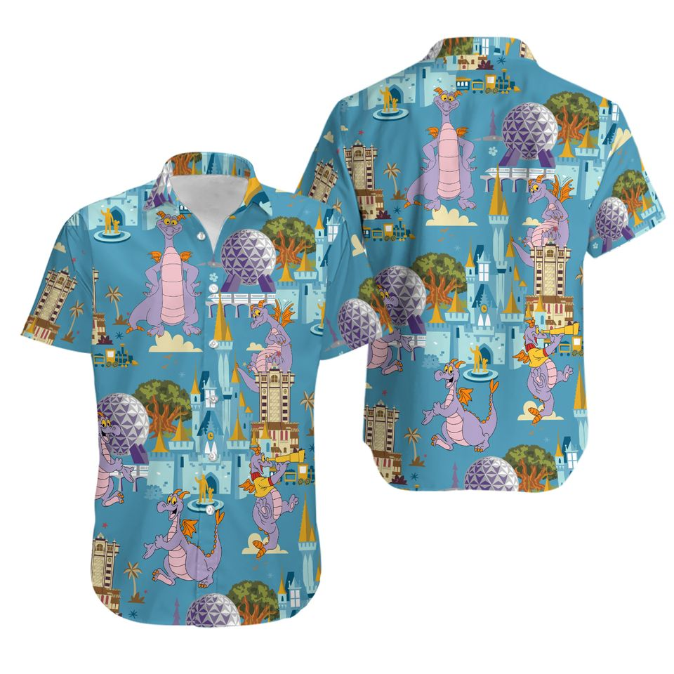 NoClaws Disney Hawaii Shirt Disney World Epcot Figment Pattern Hawaiian Shirt Blue Unisex