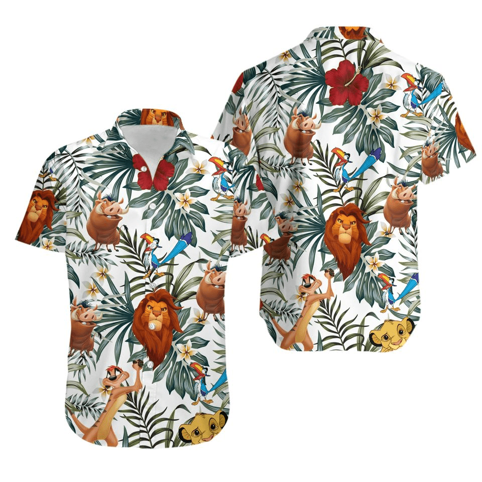 Lion King Hawaii Shirt Disney Lion King Characters Tropical Pattern Hawaiian Shirt White Green Unisex