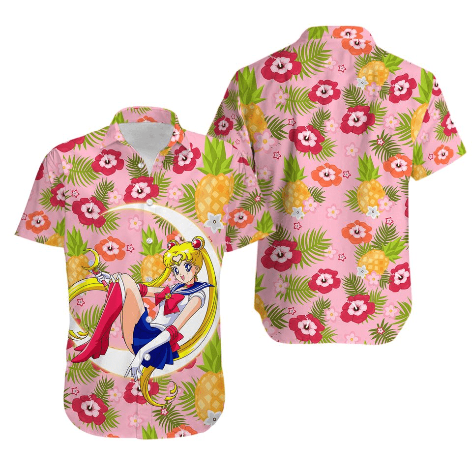 NoClaws NoClaws Sailor Moon Hawaii Shirt Sailor Moon Usagi Pineapples Pattern Hawaiian Shirt Pink Unisex